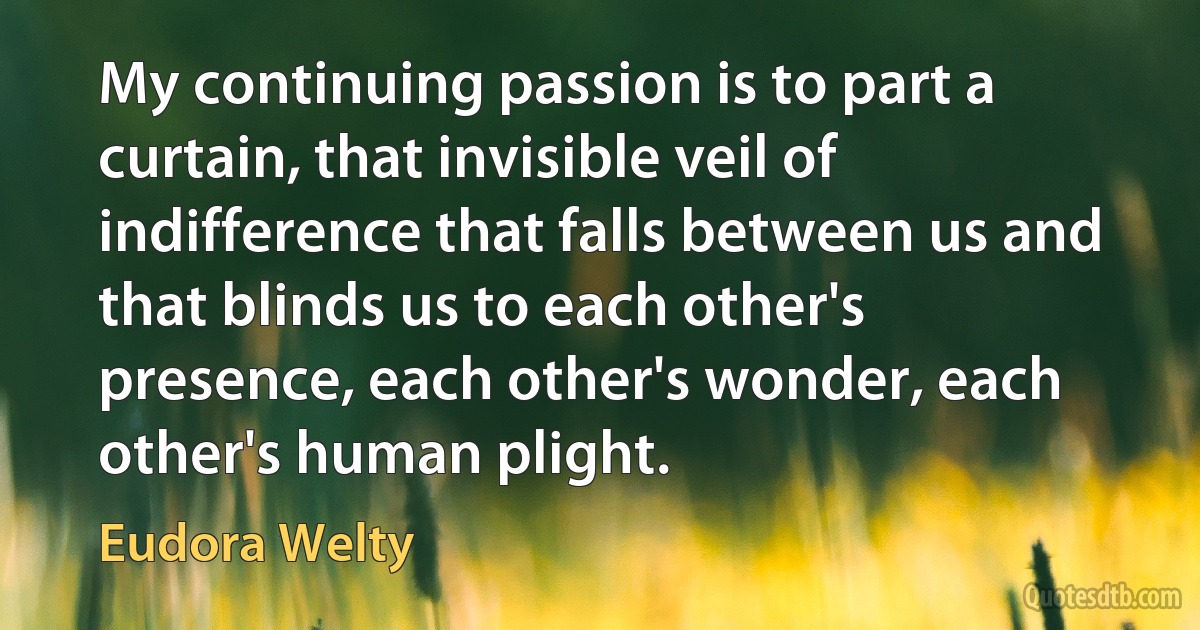 My continuing passion is to part a curtain, that invisible veil of indifference that falls between us and that blinds us to each other's presence, each other's wonder, each other's human plight. (Eudora Welty)