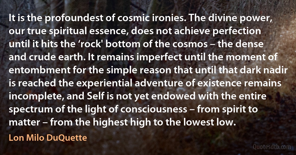 It is the profoundest of cosmic ironies. The divine power, our true spiritual essence, does not achieve perfection until it hits the ‘rock' bottom of the cosmos – the dense and crude earth. It remains imperfect until the moment of entombment for the simple reason that until that dark nadir is reached the experiential adventure of existence remains incomplete, and Self is not yet endowed with the entire spectrum of the light of consciousness – from spirit to matter – from the highest high to the lowest low. (Lon Milo DuQuette)