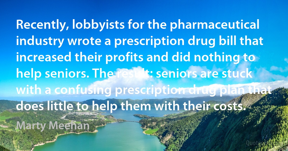 Recently, lobbyists for the pharmaceutical industry wrote a prescription drug bill that increased their profits and did nothing to help seniors. The result: seniors are stuck with a confusing prescription drug plan that does little to help them with their costs. (Marty Meehan)