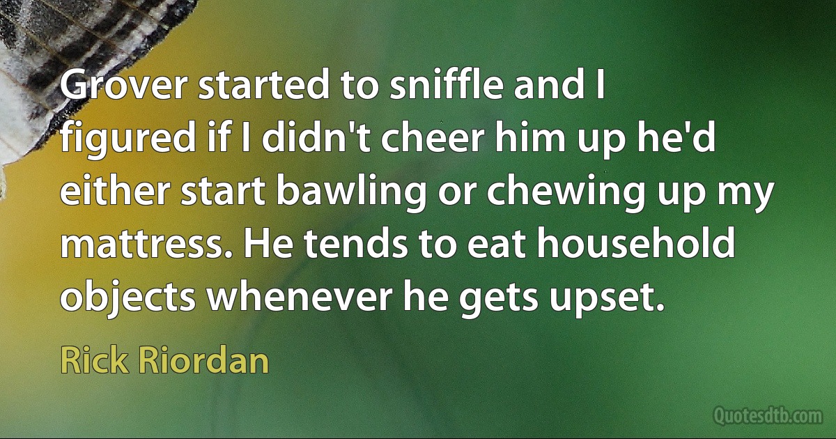 Grover started to sniffle and I figured if I didn't cheer him up he'd either start bawling or chewing up my mattress. He tends to eat household objects whenever he gets upset. (Rick Riordan)