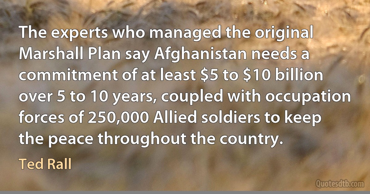 The experts who managed the original Marshall Plan say Afghanistan needs a commitment of at least $5 to $10 billion over 5 to 10 years, coupled with occupation forces of 250,000 Allied soldiers to keep the peace throughout the country. (Ted Rall)