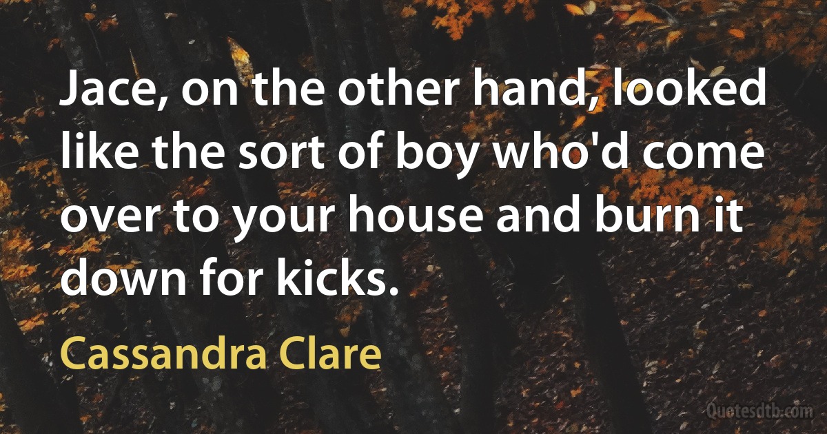 Jace, on the other hand, looked like the sort of boy who'd come over to your house and burn it down for kicks. (Cassandra Clare)