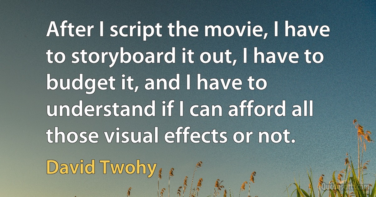 After I script the movie, I have to storyboard it out, I have to budget it, and I have to understand if I can afford all those visual effects or not. (David Twohy)