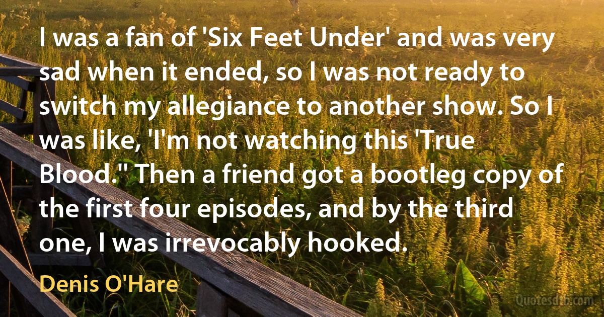 I was a fan of 'Six Feet Under' and was very sad when it ended, so I was not ready to switch my allegiance to another show. So I was like, 'I'm not watching this 'True Blood.'' Then a friend got a bootleg copy of the first four episodes, and by the third one, I was irrevocably hooked. (Denis O'Hare)