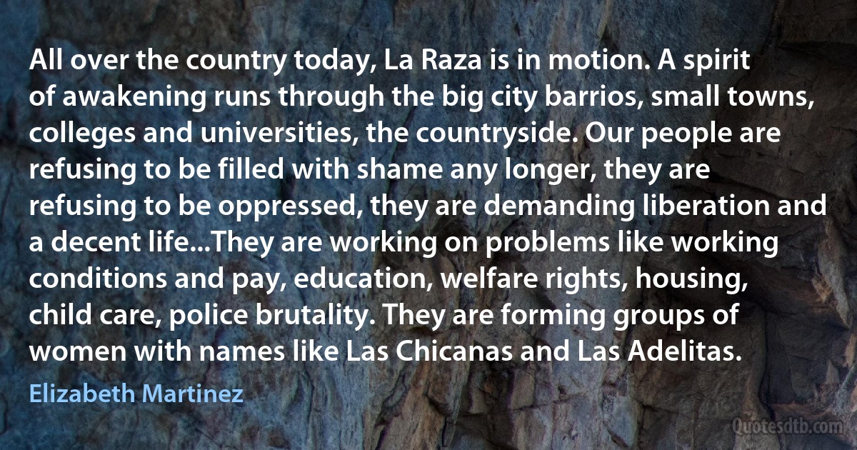 All over the country today, La Raza is in motion. A spirit of awakening runs through the big city barrios, small towns, colleges and universities, the countryside. Our people are refusing to be filled with shame any longer, they are refusing to be oppressed, they are demanding liberation and a decent life...They are working on problems like working conditions and pay, education, welfare rights, housing, child care, police brutality. They are forming groups of women with names like Las Chicanas and Las Adelitas. (Elizabeth Martinez)