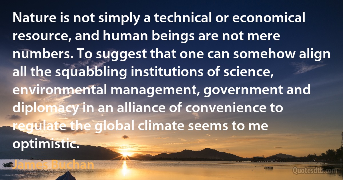 Nature is not simply a technical or economical resource, and human beings are not mere numbers. To suggest that one can somehow align all the squabbling institutions of science, environmental management, government and diplomacy in an alliance of convenience to regulate the global climate seems to me optimistic. (James Buchan)