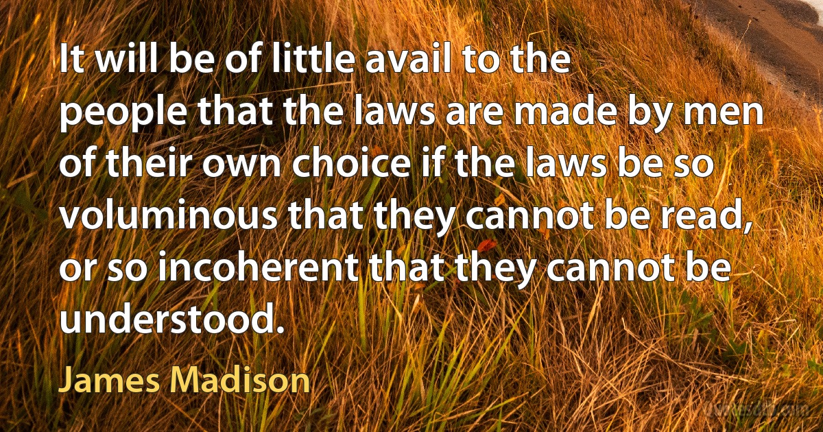 It will be of little avail to the people that the laws are made by men of their own choice if the laws be so voluminous that they cannot be read, or so incoherent that they cannot be understood. (James Madison)