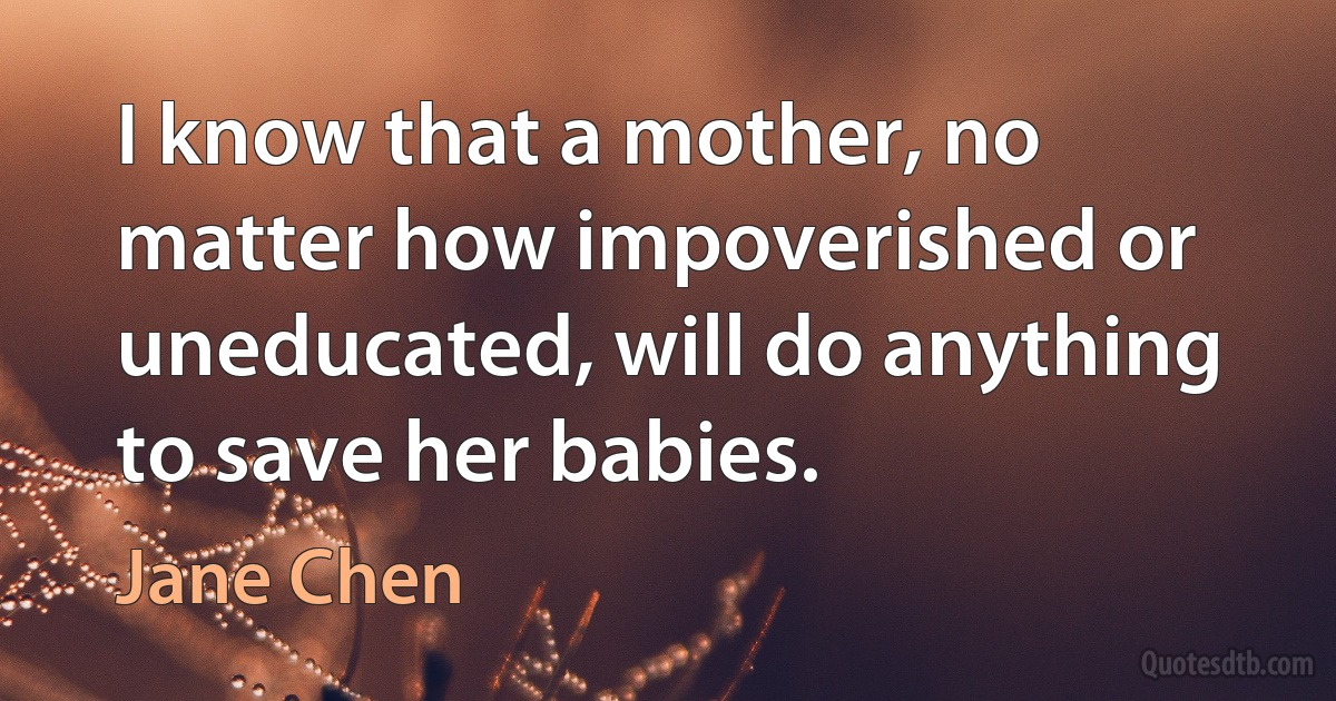 I know that a mother, no matter how impoverished or uneducated, will do anything to save her babies. (Jane Chen)