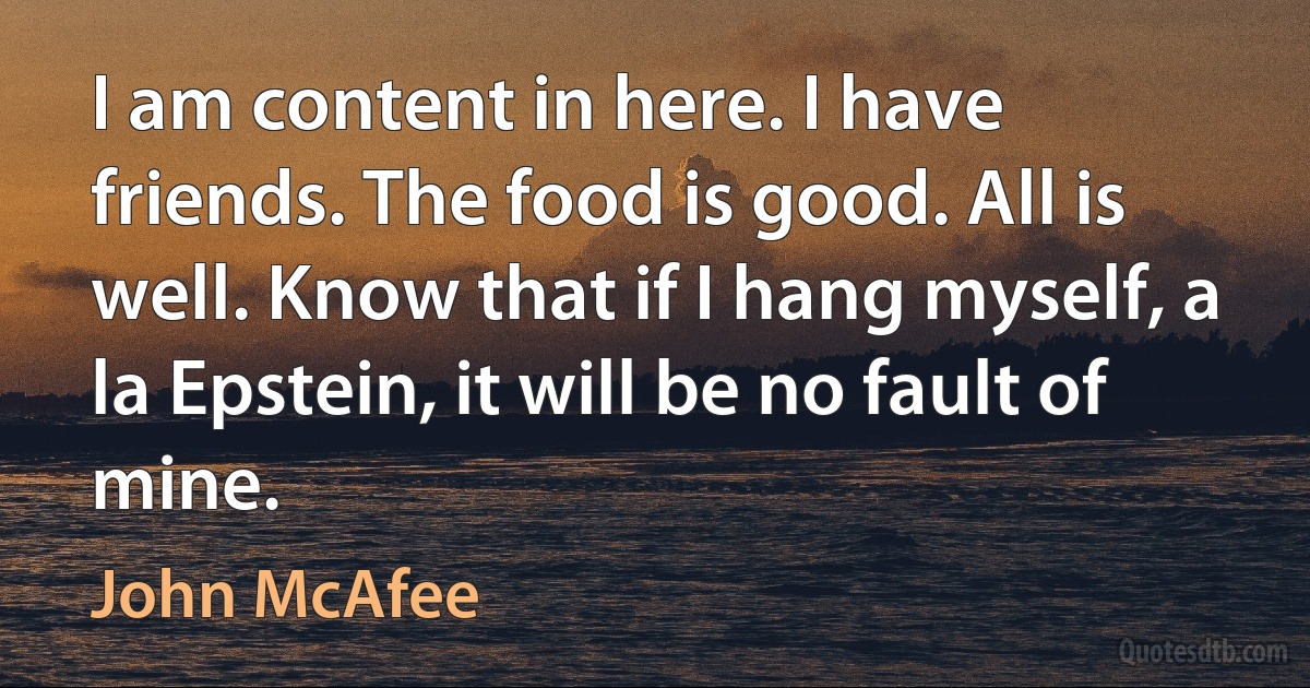 I am content in here. I have friends. The food is good. All is well. Know that if I hang myself, a la Epstein, it will be no fault of mine. (John McAfee)