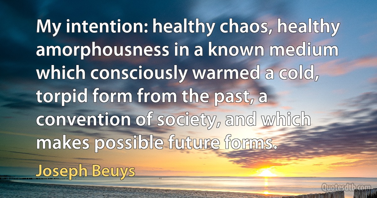 My intention: healthy chaos, healthy amorphousness in a known medium which consciously warmed a cold, torpid form from the past, a convention of society, and which makes possible future forms. (Joseph Beuys)