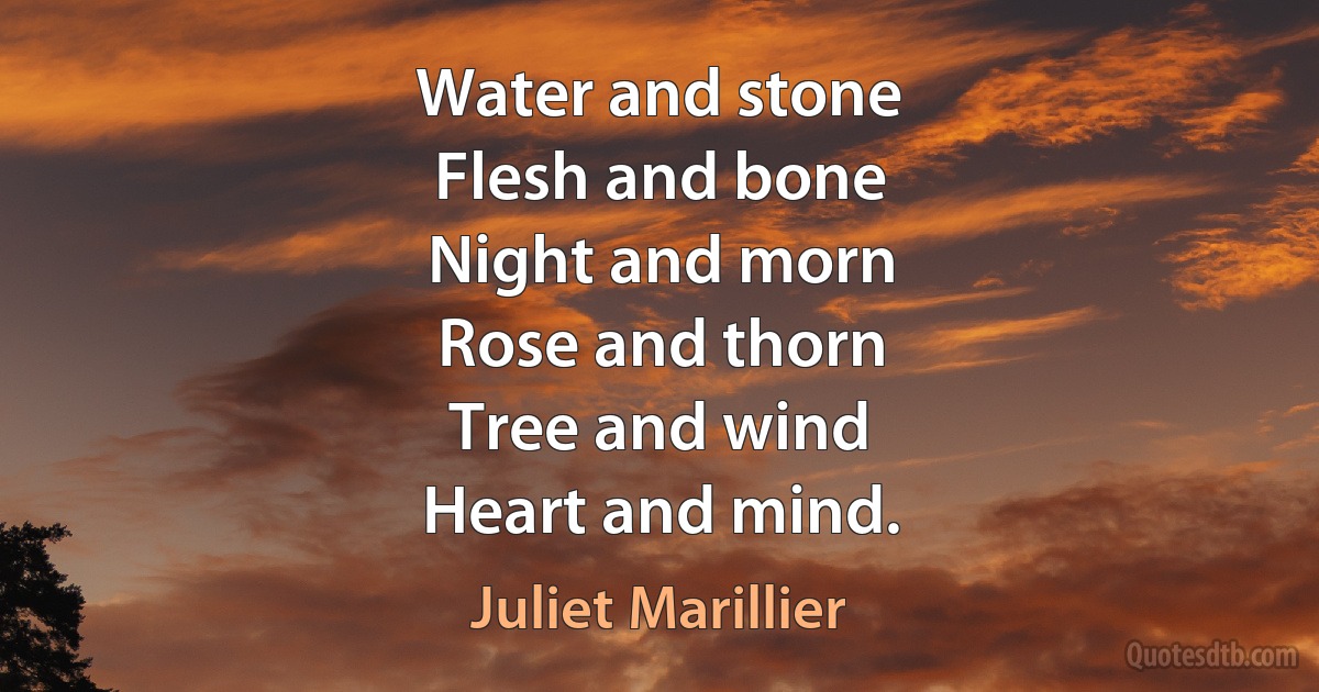 Water and stone
Flesh and bone
Night and morn
Rose and thorn
Tree and wind
Heart and mind. (Juliet Marillier)