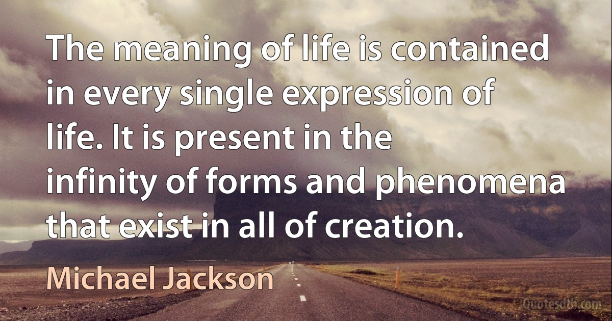 The meaning of life is contained in every single expression of life. It is present in the infinity of forms and phenomena that exist in all of creation. (Michael Jackson)