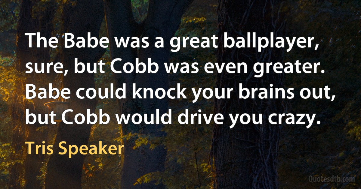 The Babe was a great ballplayer, sure, but Cobb was even greater. Babe could knock your brains out, but Cobb would drive you crazy. (Tris Speaker)