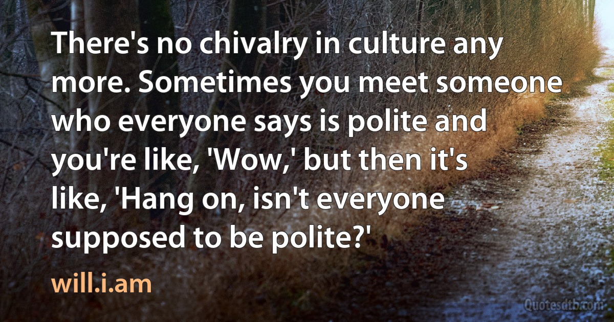 There's no chivalry in culture any more. Sometimes you meet someone who everyone says is polite and you're like, 'Wow,' but then it's like, 'Hang on, isn't everyone supposed to be polite?' (will.i.am)