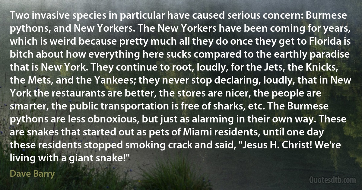 Two invasive species in particular have caused serious concern: Burmese pythons, and New Yorkers. The New Yorkers have been coming for years, which is weird because pretty much all they do once they get to Florida is bitch about how everything here sucks compared to the earthly paradise that is New York. They continue to root, loudly, for the Jets, the Knicks, the Mets, and the Yankees; they never stop declaring, loudly, that in New York the restaurants are better, the stores are nicer, the people are smarter, the public transportation is free of sharks, etc. The Burmese pythons are less obnoxious, but just as alarming in their own way. These are snakes that started out as pets of Miami residents, until one day these residents stopped smoking crack and said, "Jesus H. Christ! We're living with a giant snake!" (Dave Barry)