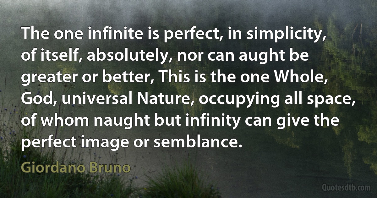 The one infinite is perfect, in simplicity, of itself, absolutely, nor can aught be greater or better, This is the one Whole, God, universal Nature, occupying all space, of whom naught but infinity can give the perfect image or semblance. (Giordano Bruno)