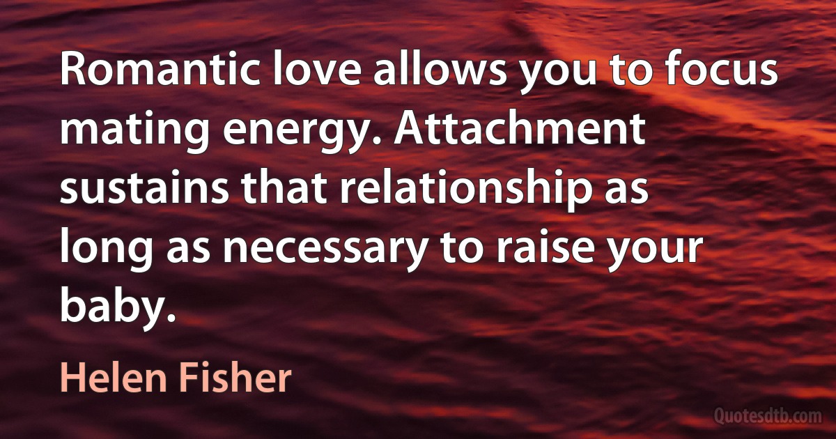 Romantic love allows you to focus mating energy. Attachment sustains that relationship as long as necessary to raise your baby. (Helen Fisher)