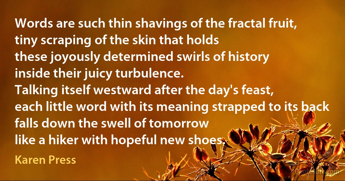 Words are such thin shavings of the fractal fruit,
tiny scraping of the skin that holds
these joyously determined swirls of history
inside their juicy turbulence.
Talking itself westward after the day's feast,
each little word with its meaning strapped to its back
falls down the swell of tomorrow
like a hiker with hopeful new shoes. (Karen Press)