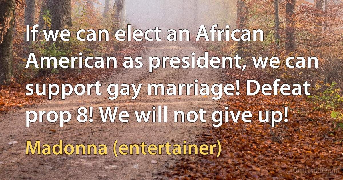 If we can elect an African American as president, we can support gay marriage! Defeat prop 8! We will not give up! (Madonna (entertainer))