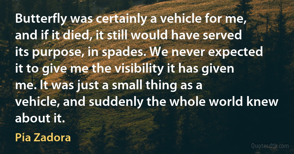 Butterfly was certainly a vehicle for me, and if it died, it still would have served its purpose, in spades. We never expected it to give me the visibility it has given me. It was just a small thing as a vehicle, and suddenly the whole world knew about it. (Pia Zadora)