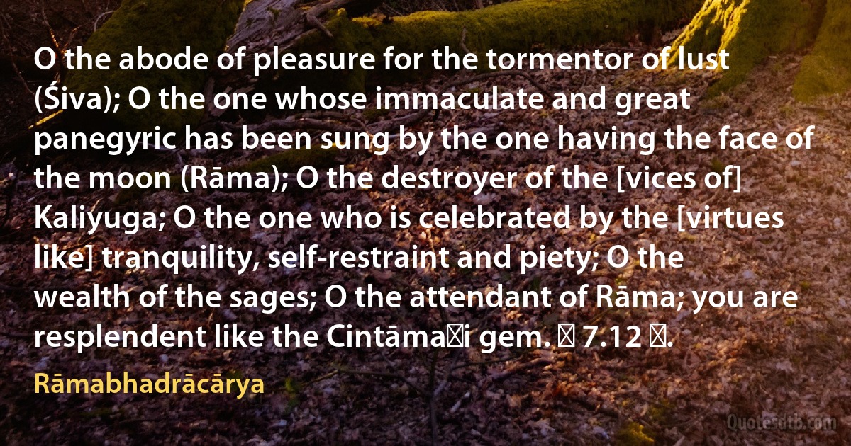 O the abode of pleasure for the tormentor of lust (Śiva); O the one whose immaculate and great panegyric has been sung by the one having the face of the moon (Rāma); O the destroyer of the [vices of] Kaliyuga; O the one who is celebrated by the [virtues like] tranquility, self-restraint and piety; O the wealth of the sages; O the attendant of Rāma; you are resplendent like the Cintāmaṇi gem. ॥ 7.12 ॥. (Rāmabhadrācārya)