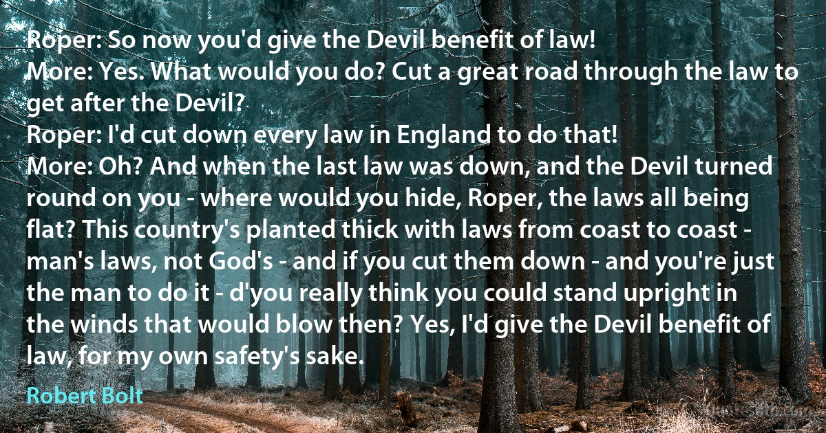 Roper: So now you'd give the Devil benefit of law!
More: Yes. What would you do? Cut a great road through the law to get after the Devil?
Roper: I'd cut down every law in England to do that!
More: Oh? And when the last law was down, and the Devil turned round on you - where would you hide, Roper, the laws all being flat? This country's planted thick with laws from coast to coast - man's laws, not God's - and if you cut them down - and you're just the man to do it - d'you really think you could stand upright in the winds that would blow then? Yes, I'd give the Devil benefit of law, for my own safety's sake. (Robert Bolt)