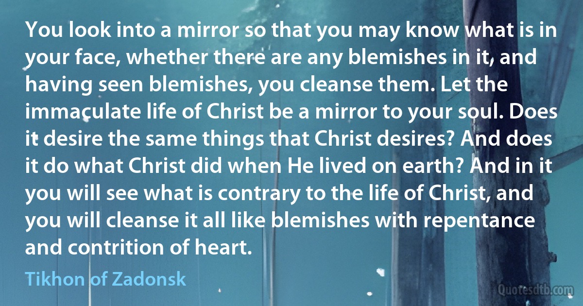 You look into a mirror so that you may know what is in your face, whether there are any blemishes in it, and having seen blemishes, you cleanse them. Let the immaculate life of Christ be a mirror to your soul. Does it desire the same things that Christ desires? And does it do what Christ did when He lived on earth? And in it you will see what is contrary to the life of Christ, and you will cleanse it all like blemishes with repentance and contrition of heart. (Tikhon of Zadonsk)