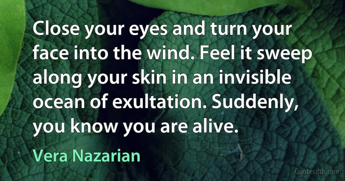 Close your eyes and turn your face into the wind. Feel it sweep along your skin in an invisible ocean of exultation. Suddenly, you know you are alive. (Vera Nazarian)