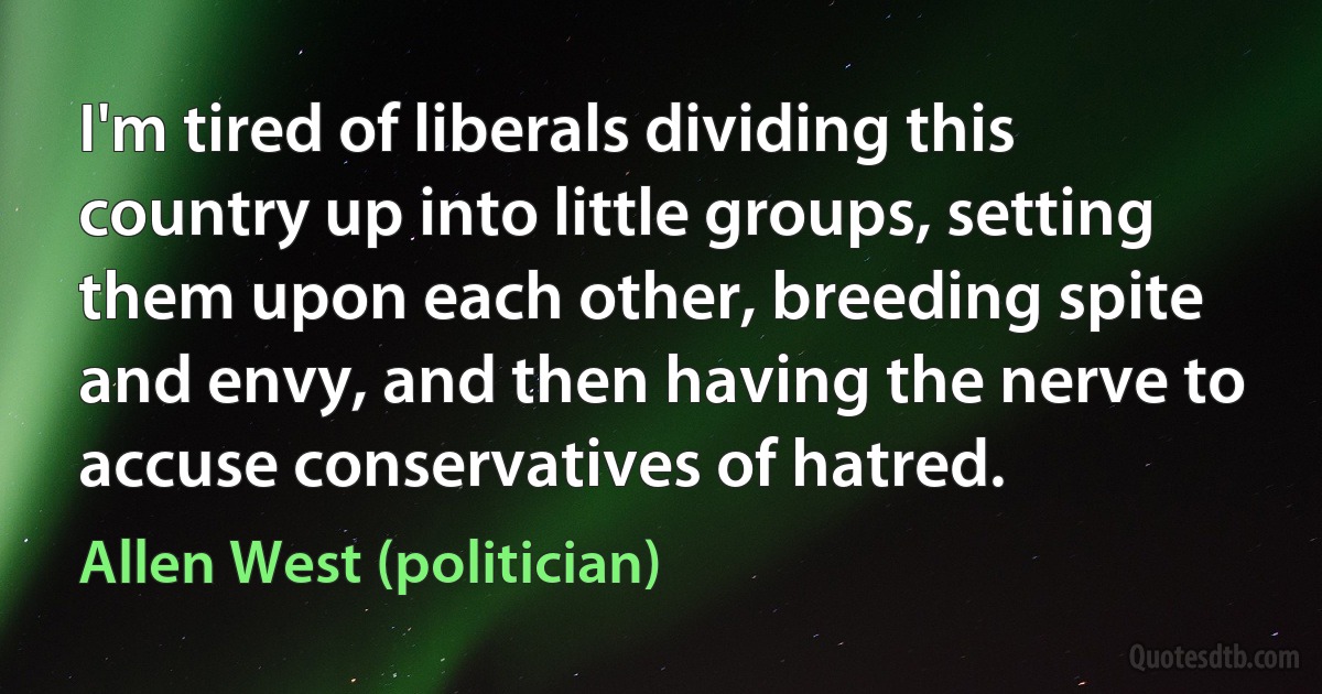 I'm tired of liberals dividing this country up into little groups, setting them upon each other, breeding spite and envy, and then having the nerve to accuse conservatives of hatred. (Allen West (politician))