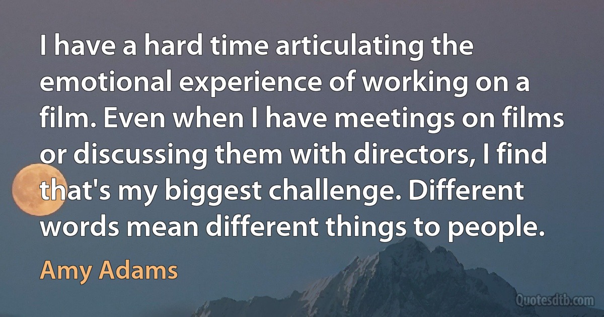 I have a hard time articulating the emotional experience of working on a film. Even when I have meetings on films or discussing them with directors, I find that's my biggest challenge. Different words mean different things to people. (Amy Adams)