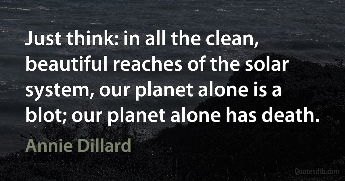 Just think: in all the clean, beautiful reaches of the solar system, our planet alone is a blot; our planet alone has death. (Annie Dillard)