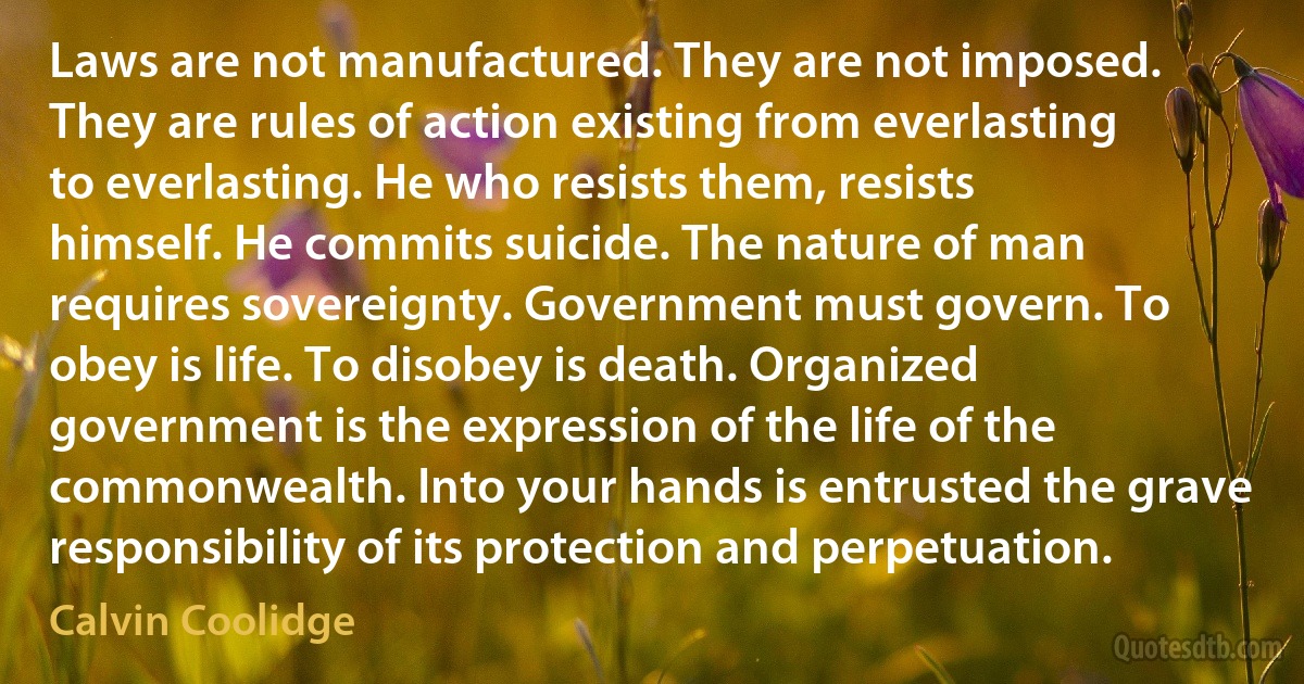 Laws are not manufactured. They are not imposed. They are rules of action existing from everlasting to everlasting. He who resists them, resists himself. He commits suicide. The nature of man requires sovereignty. Government must govern. To obey is life. To disobey is death. Organized government is the expression of the life of the commonwealth. Into your hands is entrusted the grave responsibility of its protection and perpetuation. (Calvin Coolidge)