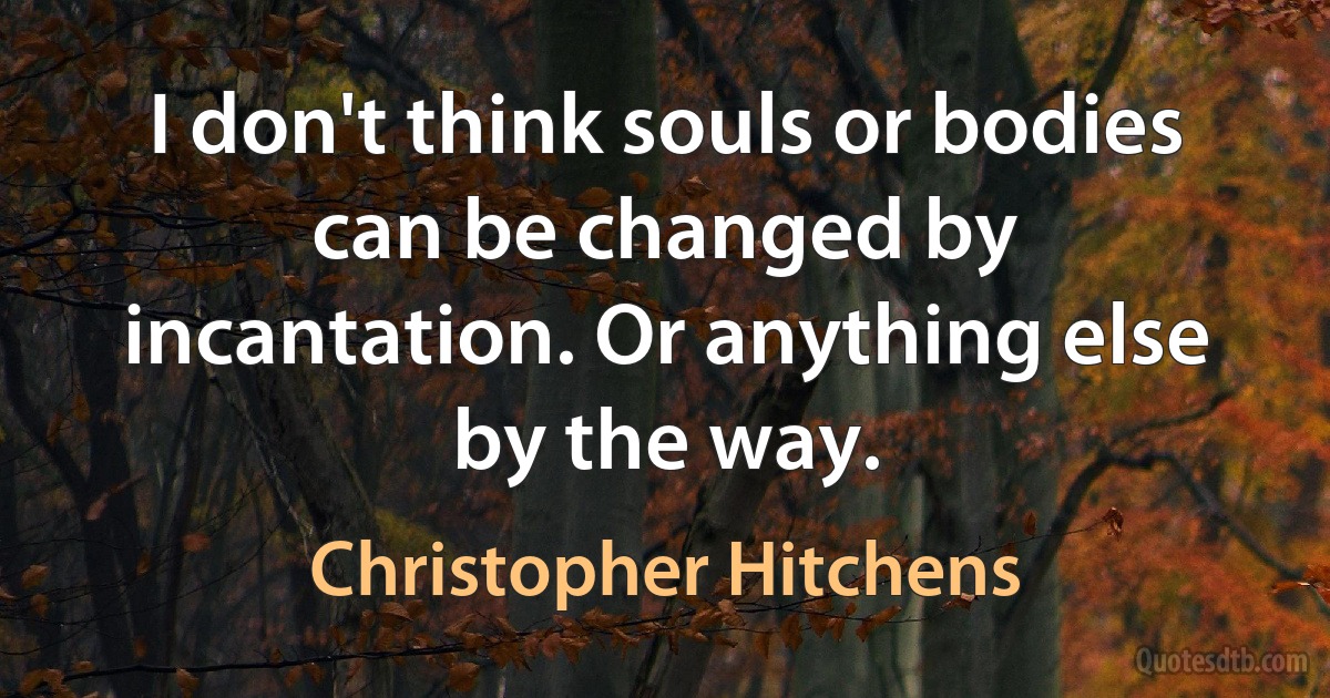 I don't think souls or bodies can be changed by incantation. Or anything else by the way. (Christopher Hitchens)