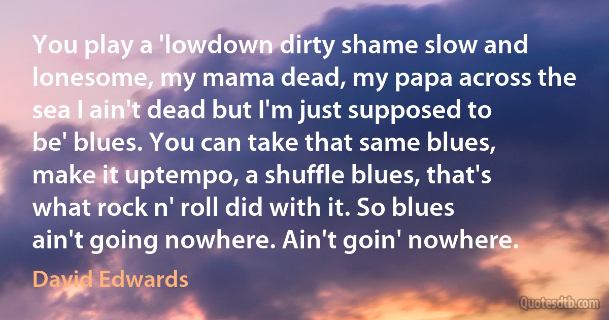 You play a 'lowdown dirty shame slow and lonesome, my mama dead, my papa across the sea I ain't dead but I'm just supposed to be' blues. You can take that same blues, make it uptempo, a shuffle blues, that's what rock n' roll did with it. So blues ain't going nowhere. Ain't goin' nowhere. (David Edwards)