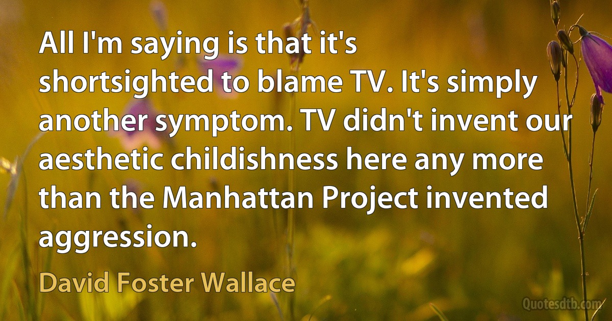 All I'm saying is that it's shortsighted to blame TV. It's simply another symptom. TV didn't invent our aesthetic childishness here any more than the Manhattan Project invented aggression. (David Foster Wallace)