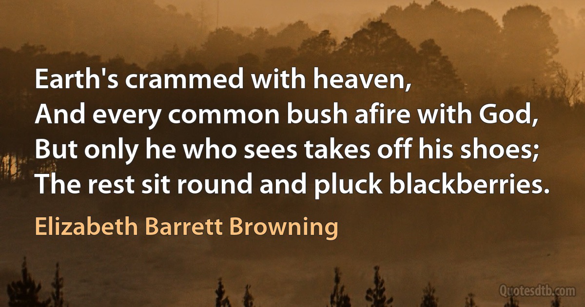 Earth's crammed with heaven,
And every common bush afire with God,
But only he who sees takes off his shoes;
The rest sit round and pluck blackberries. (Elizabeth Barrett Browning)