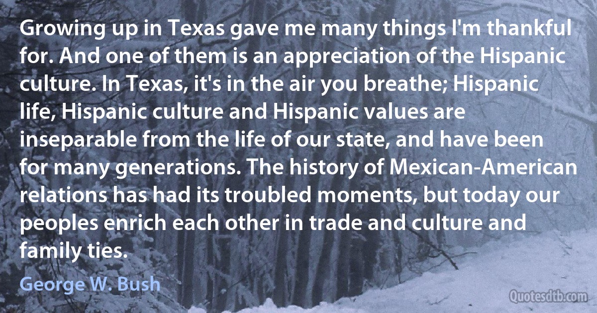 Growing up in Texas gave me many things I'm thankful for. And one of them is an appreciation of the Hispanic culture. In Texas, it's in the air you breathe; Hispanic life, Hispanic culture and Hispanic values are inseparable from the life of our state, and have been for many generations. The history of Mexican-American relations has had its troubled moments, but today our peoples enrich each other in trade and culture and family ties. (George W. Bush)