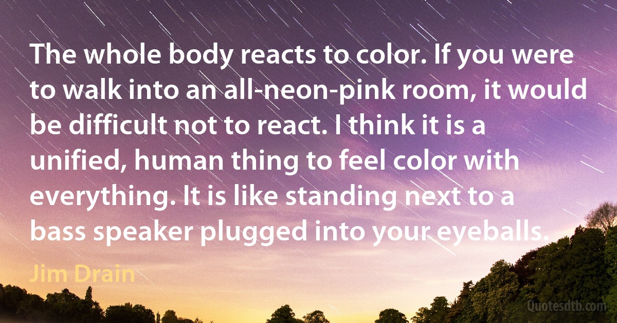 The whole body reacts to color. If you were to walk into an all-neon-pink room, it would be difficult not to react. I think it is a unified, human thing to feel color with everything. It is like standing next to a bass speaker plugged into your eyeballs. (Jim Drain)