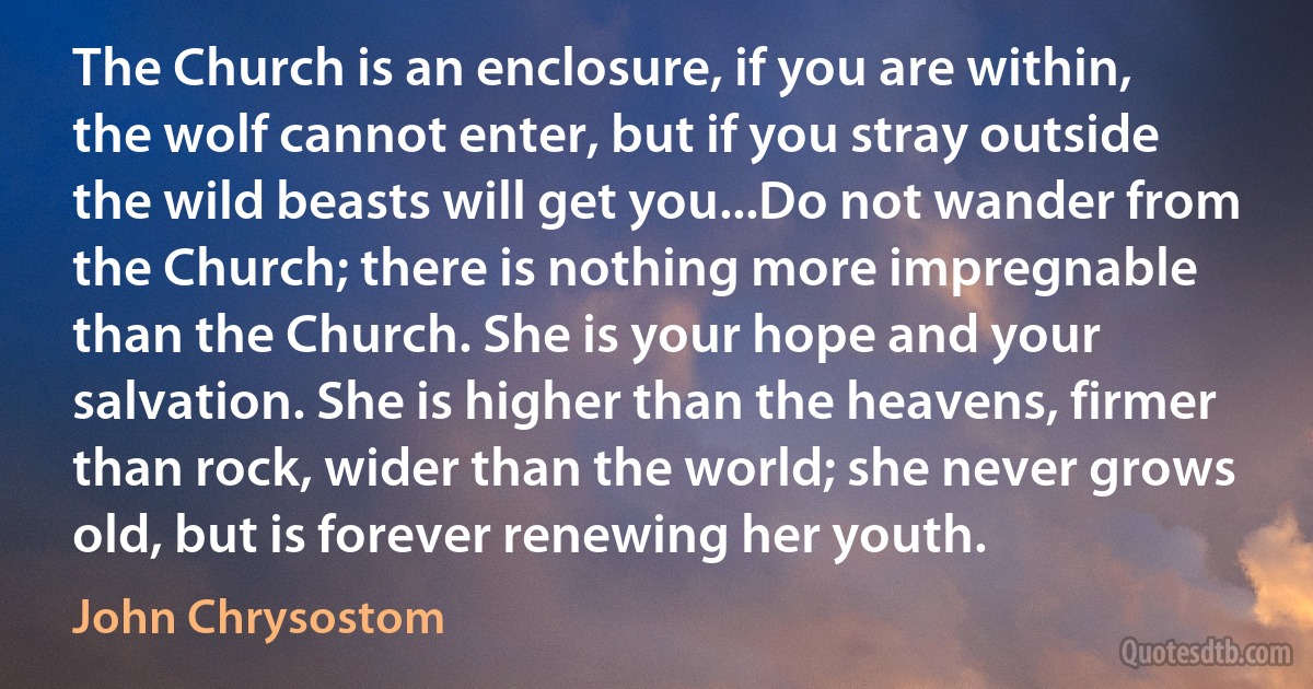 The Church is an enclosure, if you are within, the wolf cannot enter, but if you stray outside the wild beasts will get you...Do not wander from the Church; there is nothing more impregnable than the Church. She is your hope and your salvation. She is higher than the heavens, firmer than rock, wider than the world; she never grows old, but is forever renewing her youth. (John Chrysostom)