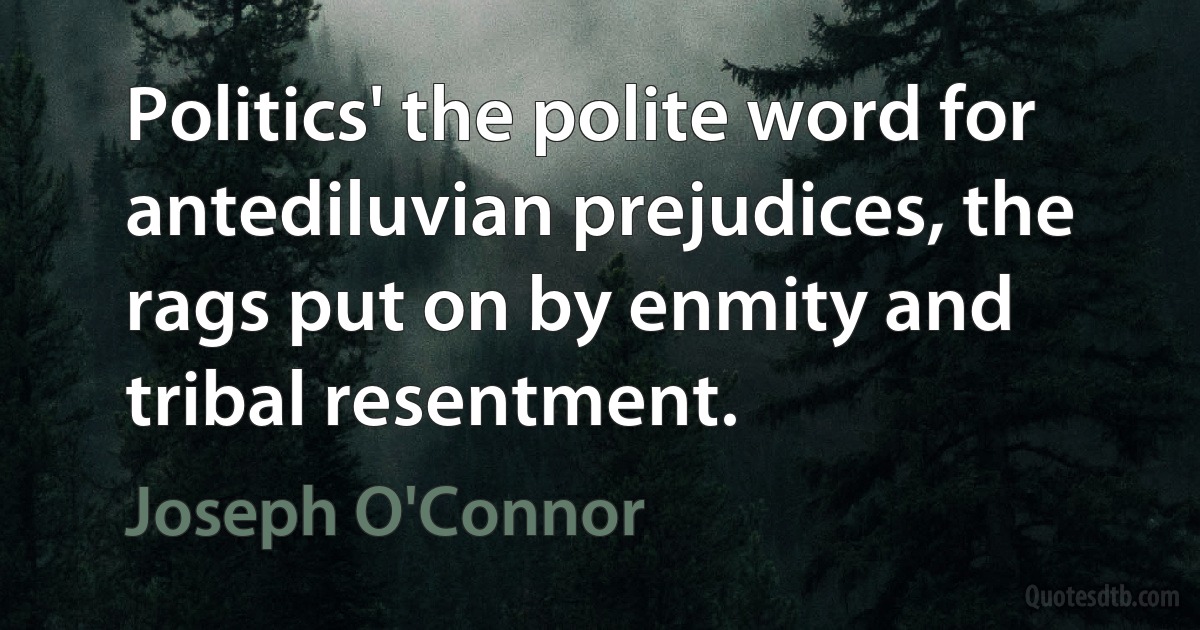 Politics' the polite word for antediluvian prejudices, the rags put on by enmity and tribal resentment. (Joseph O'Connor)