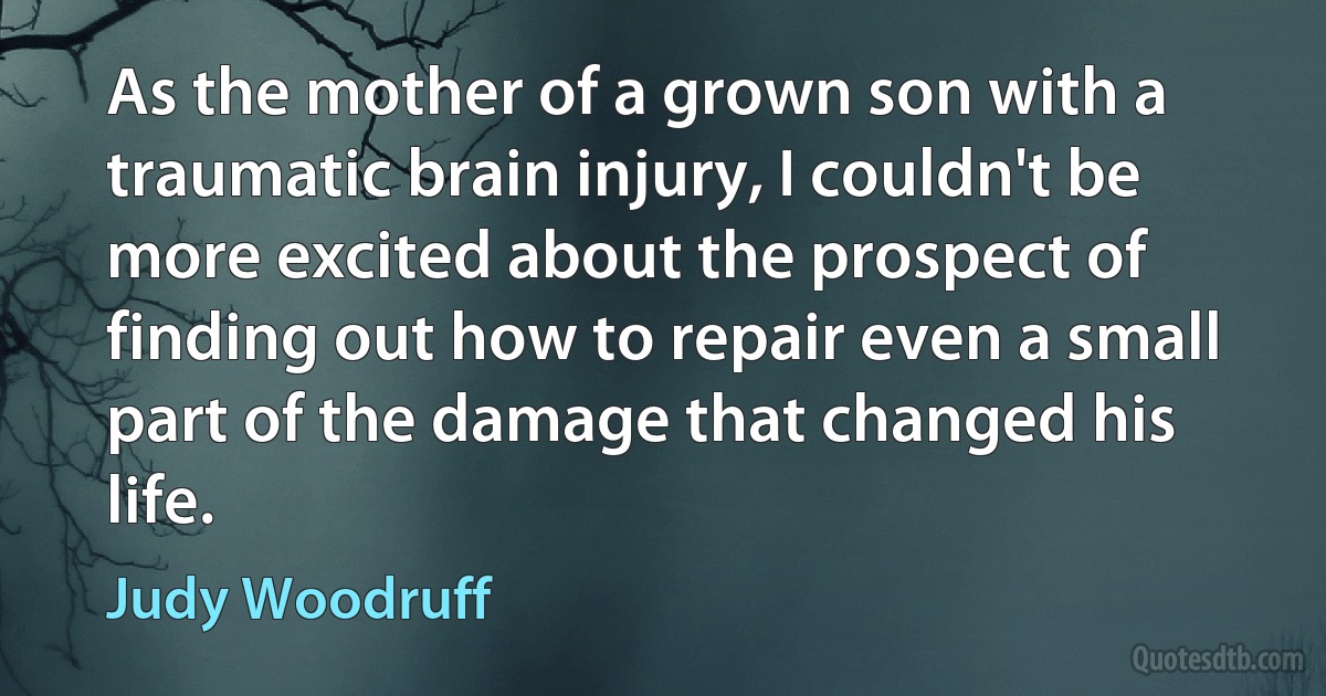 As the mother of a grown son with a traumatic brain injury, I couldn't be more excited about the prospect of finding out how to repair even a small part of the damage that changed his life. (Judy Woodruff)