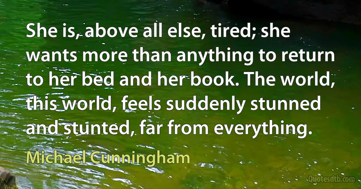 She is, above all else, tired; she wants more than anything to return to her bed and her book. The world, this world, feels suddenly stunned and stunted, far from everything. (Michael Cunningham)