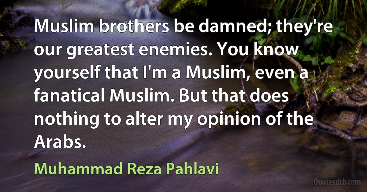 Muslim brothers be damned; they're our greatest enemies. You know yourself that I'm a Muslim, even a fanatical Muslim. But that does nothing to alter my opinion of the Arabs. (Muhammad Reza Pahlavi)