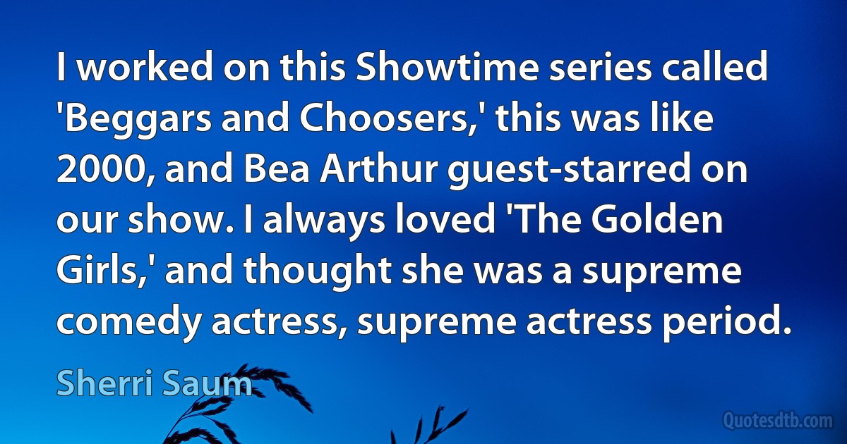 I worked on this Showtime series called 'Beggars and Choosers,' this was like 2000, and Bea Arthur guest-starred on our show. I always loved 'The Golden Girls,' and thought she was a supreme comedy actress, supreme actress period. (Sherri Saum)