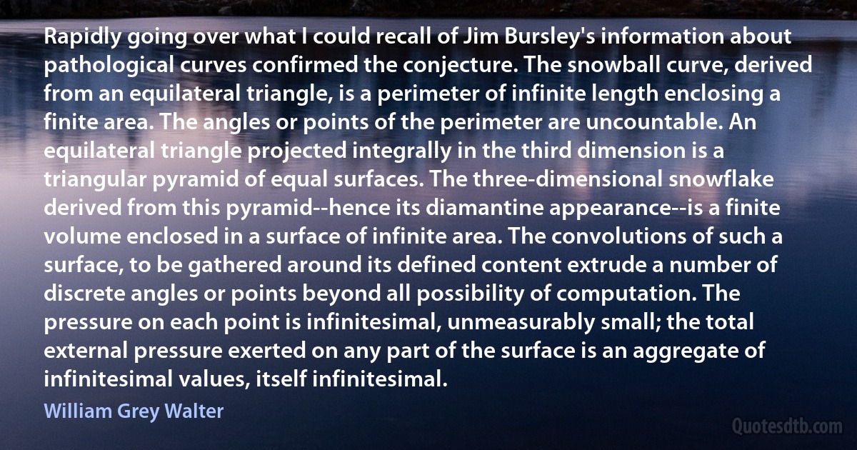 Rapidly going over what I could recall of Jim Bursley's information about pathological curves confirmed the conjecture. The snowball curve, derived from an equilateral triangle, is a perimeter of infinite length enclosing a finite area. The angles or points of the perimeter are uncountable. An equilateral triangle projected integrally in the third dimension is a triangular pyramid of equal surfaces. The three-dimensional snowflake derived from this pyramid--hence its diamantine appearance--is a finite volume enclosed in a surface of infinite area. The convolutions of such a surface, to be gathered around its defined content extrude a number of discrete angles or points beyond all possibility of computation. The pressure on each point is infinitesimal, unmeasurably small; the total external pressure exerted on any part of the surface is an aggregate of infinitesimal values, itself infinitesimal. (William Grey Walter)