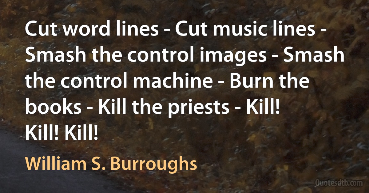 Cut word lines - Cut music lines - Smash the control images - Smash the control machine - Burn the books - Kill the priests - Kill! Kill! Kill! (William S. Burroughs)