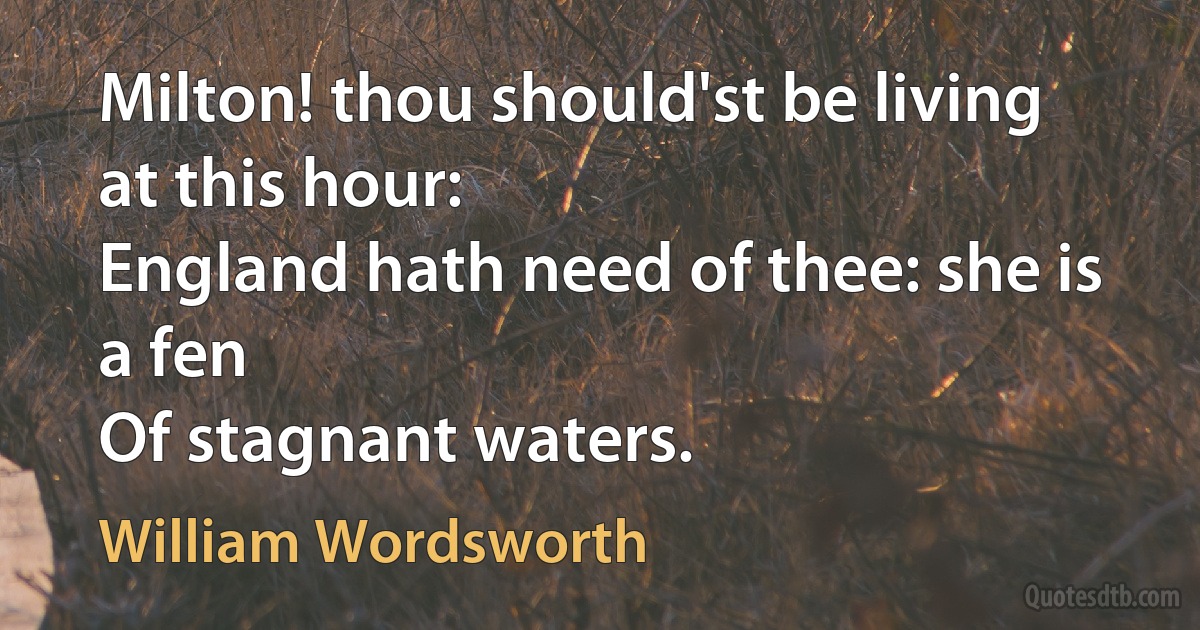 Milton! thou should'st be living at this hour:
England hath need of thee: she is a fen
Of stagnant waters. (William Wordsworth)