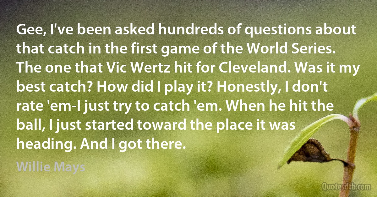 Gee, I've been asked hundreds of questions about that catch in the first game of the World Series. The one that Vic Wertz hit for Cleveland. Was it my best catch? How did I play it? Honestly, I don't rate 'em-I just try to catch 'em. When he hit the ball, I just started toward the place it was heading. And I got there. (Willie Mays)