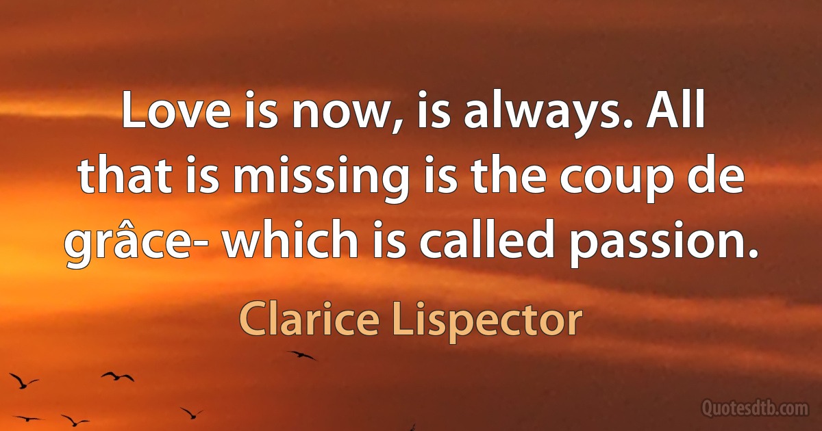 Love is now, is always. All that is missing is the coup de grâce- which is called passion. (Clarice Lispector)