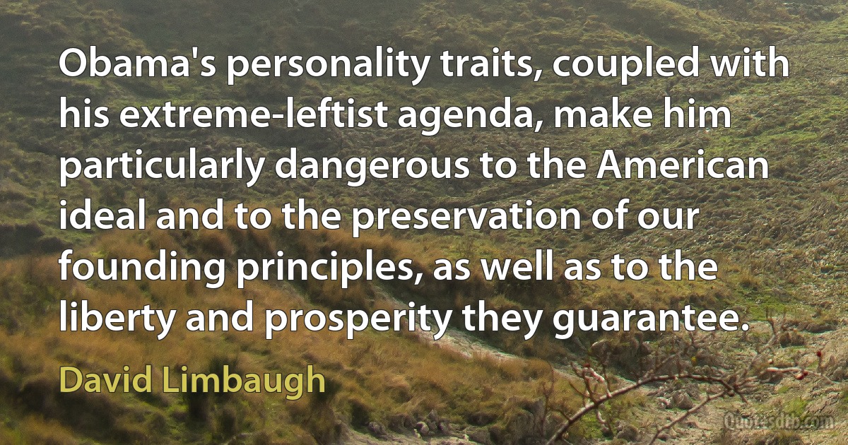 Obama's personality traits, coupled with his extreme-leftist agenda, make him particularly dangerous to the American ideal and to the preservation of our founding principles, as well as to the liberty and prosperity they guarantee. (David Limbaugh)